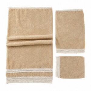 Premier Collection 3pc Towel Set Tan Cotton Crochet Lace Trim Made in Turkey